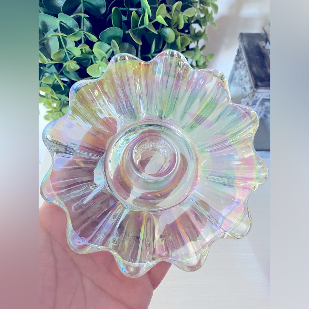 Vintage FEDERAL GLASS Iridescent Celestial Candle Holder 6x1.25”